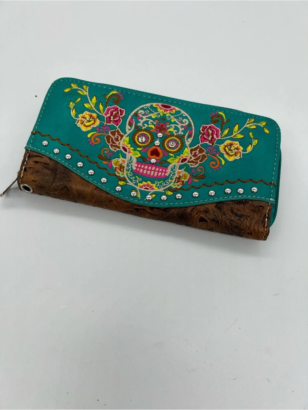 American Bling Teal Floral Sugar Skull Zip Wallet